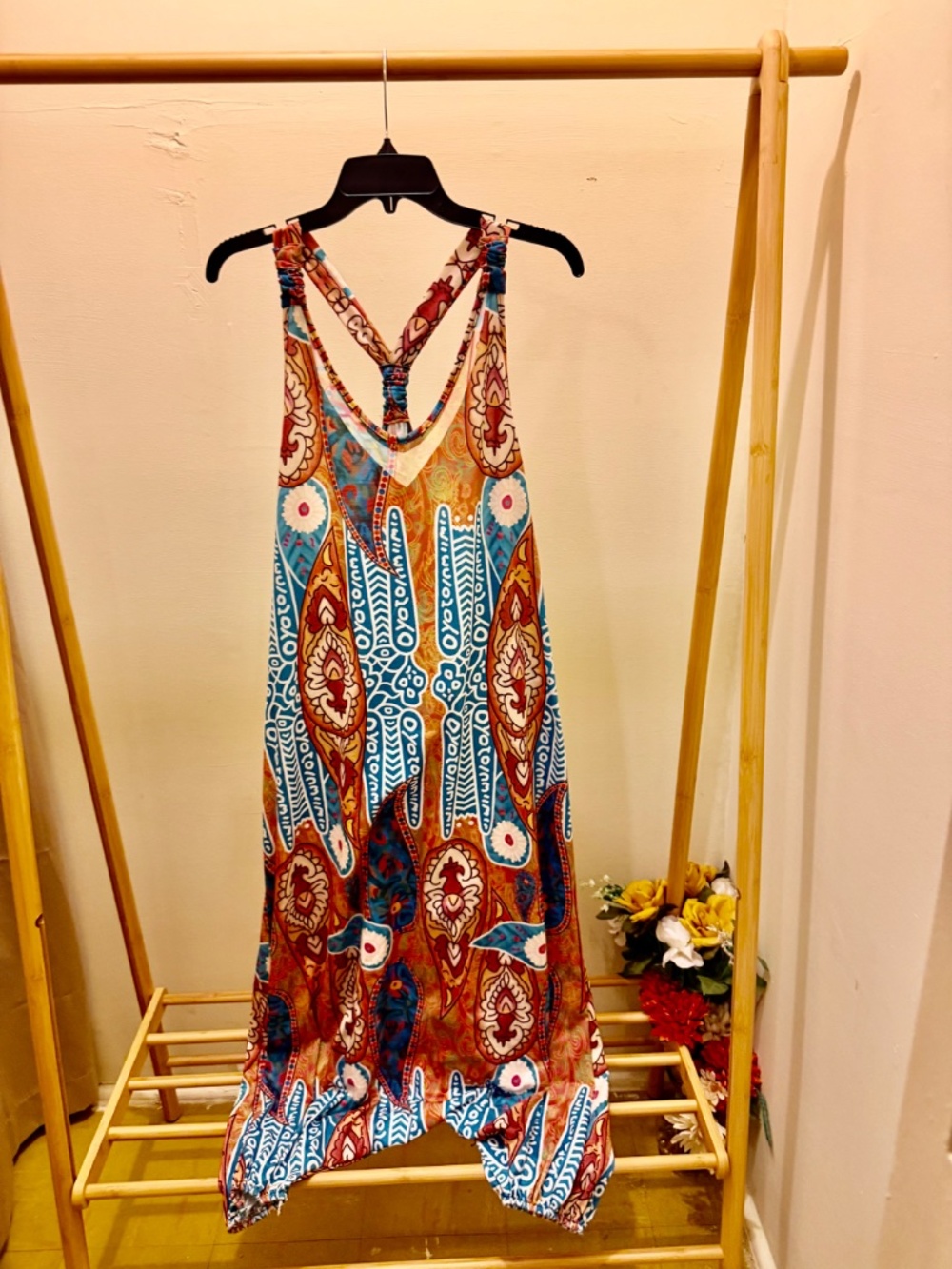 Boho Tribal Paisley Harem Jumpsuit Romper Elastic Ankle Size Large - Picture 3 of 10